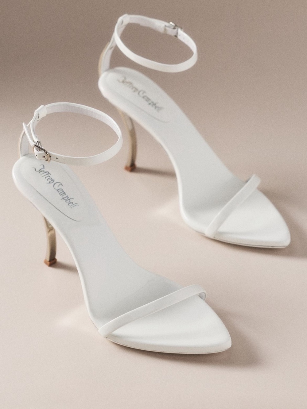 Jeffrey Campbell White Ankle-Strap Stiletto Sandals with Gold Heel